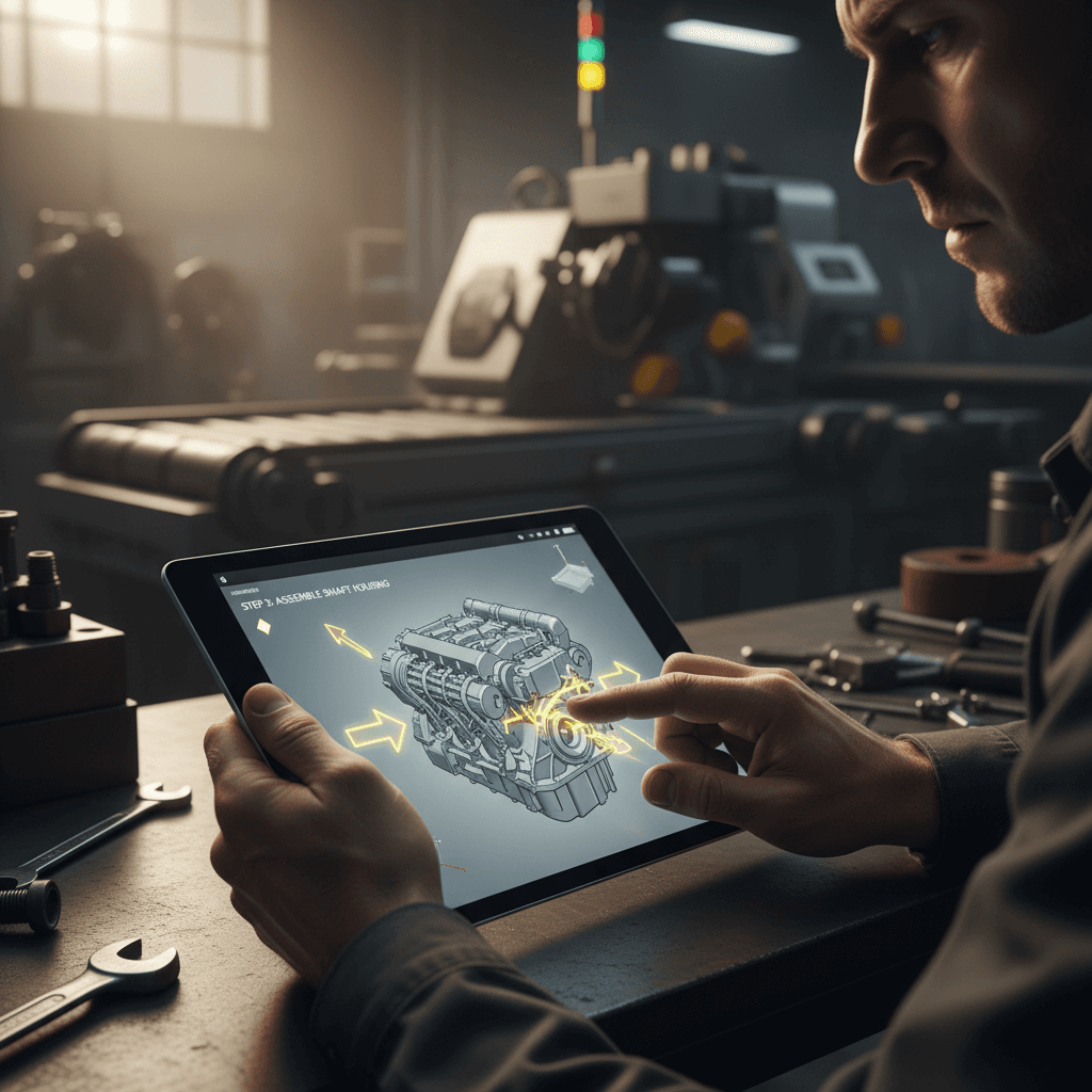 Worker referencing model-based instructions on tablet in factory