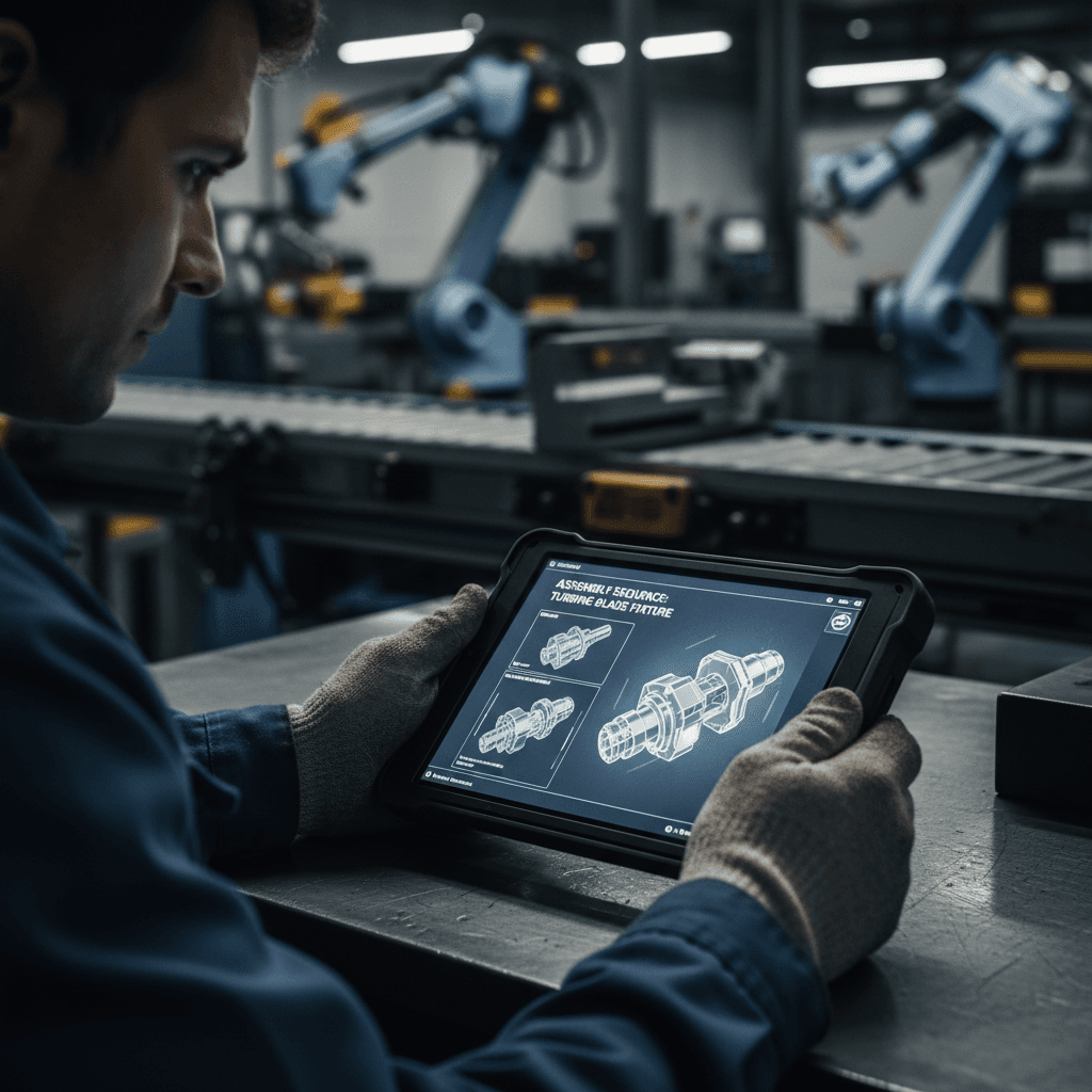 Factory worker viewing model-based work instructions on tablet