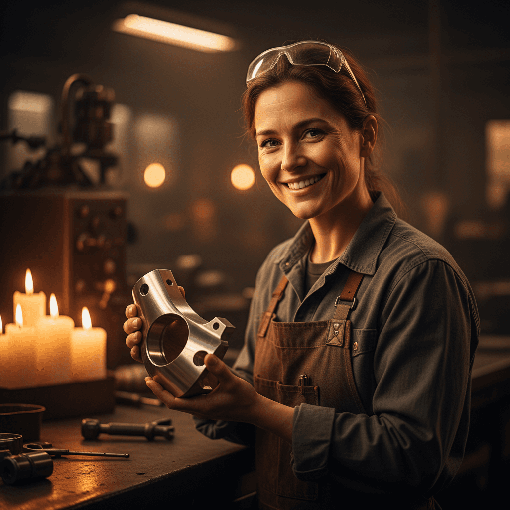 Manufacturing worker with satisfied expression after completing task