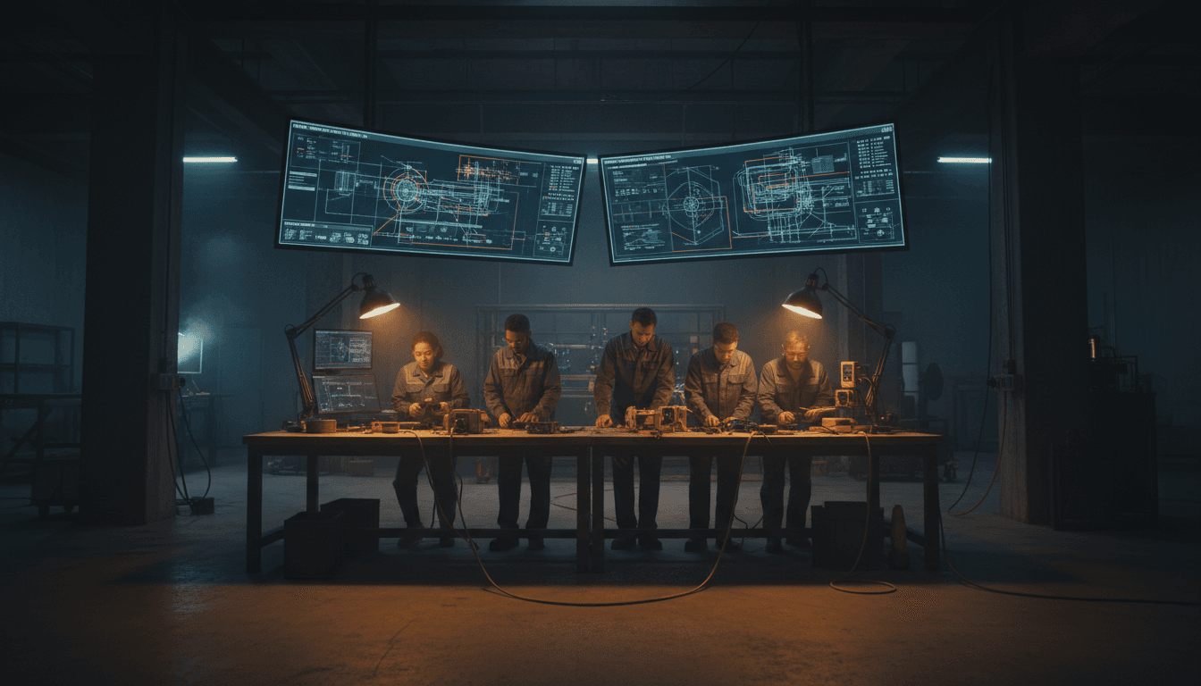Manufacturing team working with integrated digital systems on factory floor