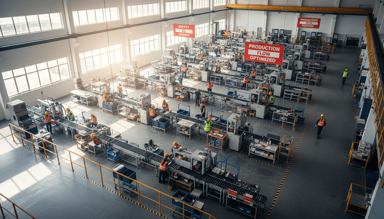 Active factory floor with multiple workers coordinating across assembly stations during operations