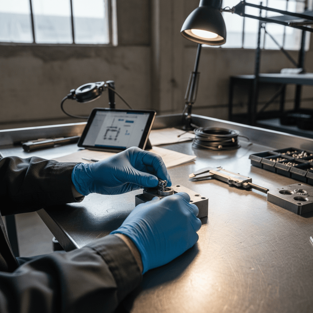 Manufacturing worker assembling a precision component with focused attention on assembly details