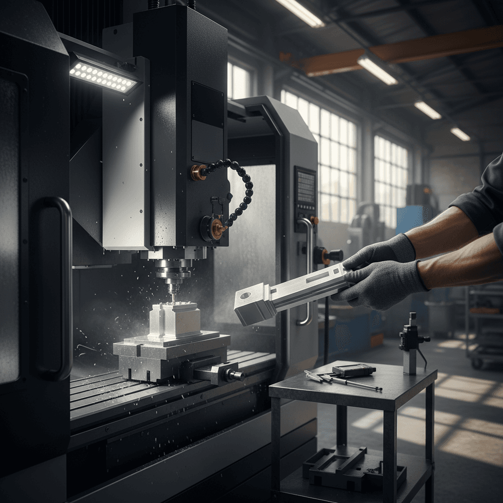 Manufacturing worker operating precision machinery with focused attention